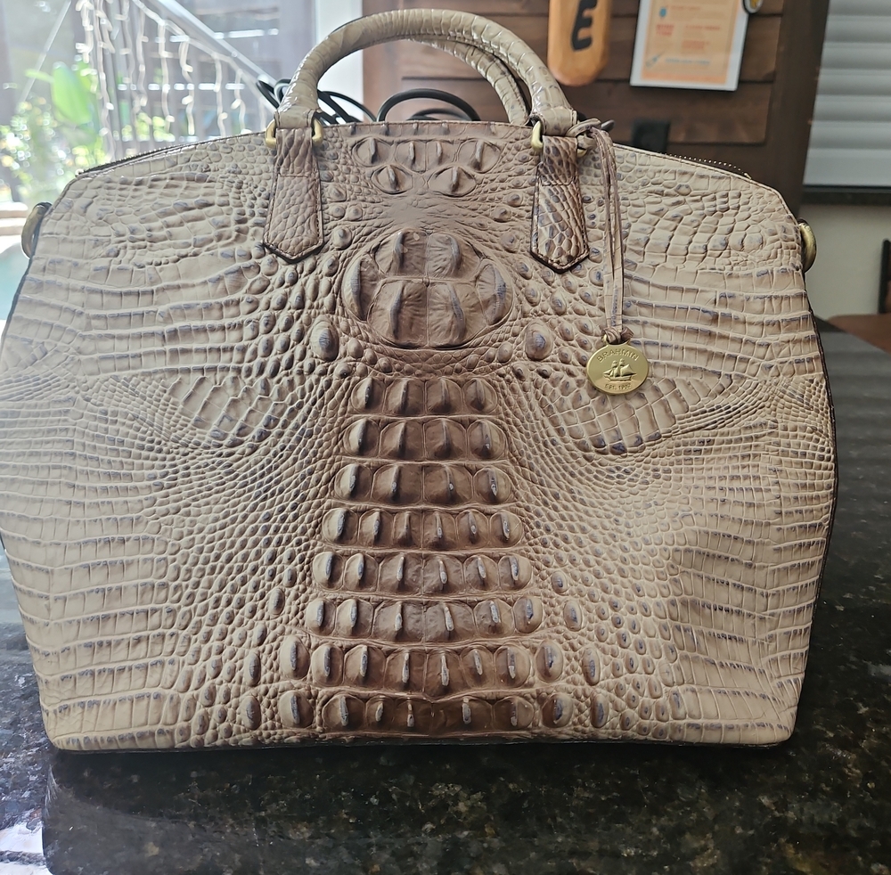 Croc-Embossed Dome Satchel in Taupe with Gold Charm